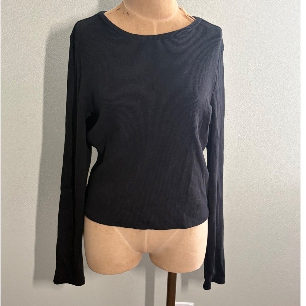 Cotton‎ Blend Minimalist Black Ribbed Knit Long Sleeve Crew Neck Top XL